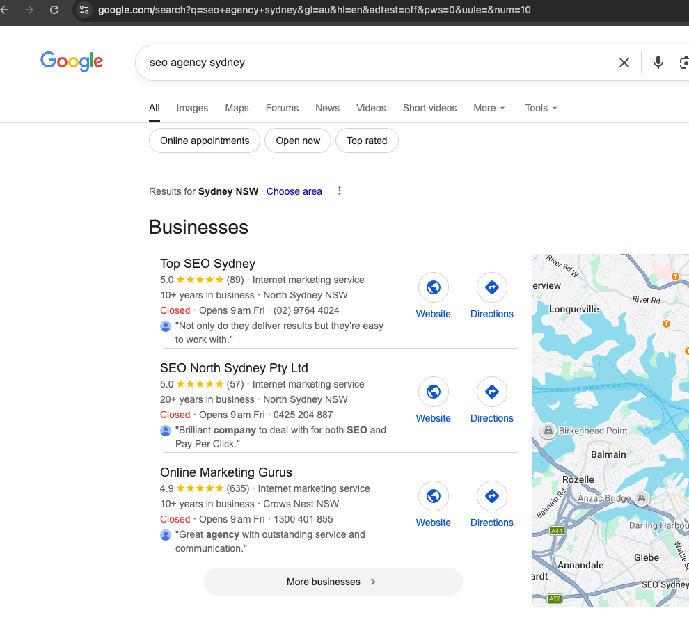 Google screenshot showing Top SEO Sydney at #1 for seo agency sydney