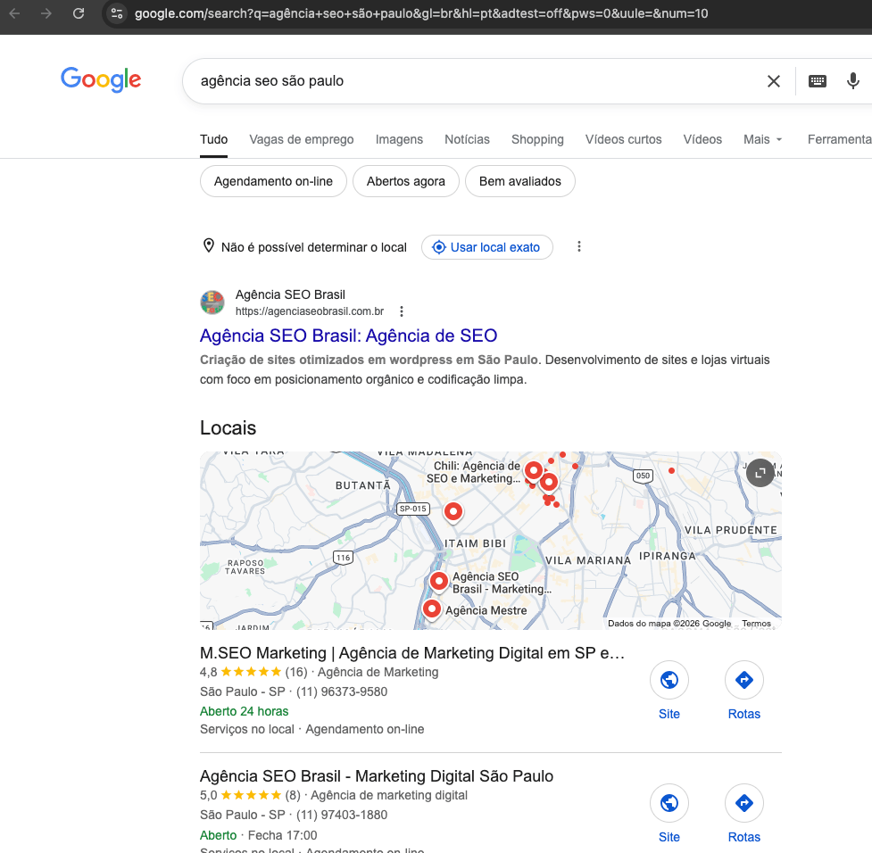 Google screenshot showing AgenciaSEOBrasil.com.br at #1 for agência seo sao paulo