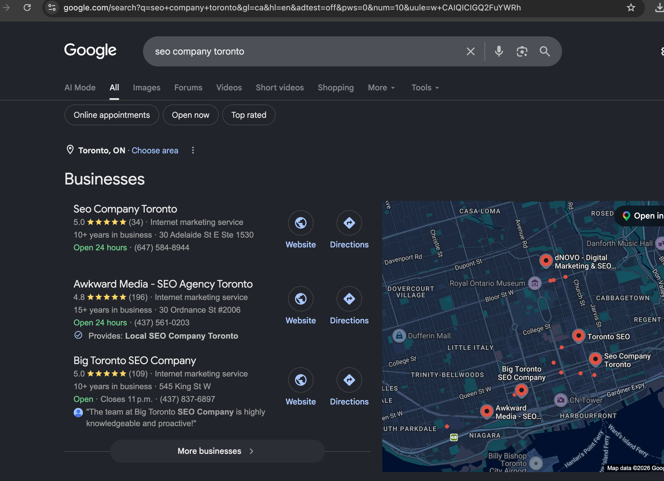 Google screenshot showing Seo Company Toronto at #1 for seo company toronto