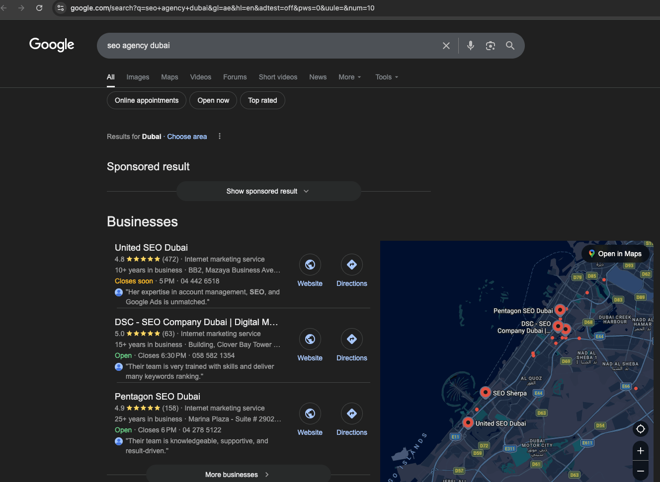 Google screenshot showing United SEO Dubai at #1 for seo agency dubai