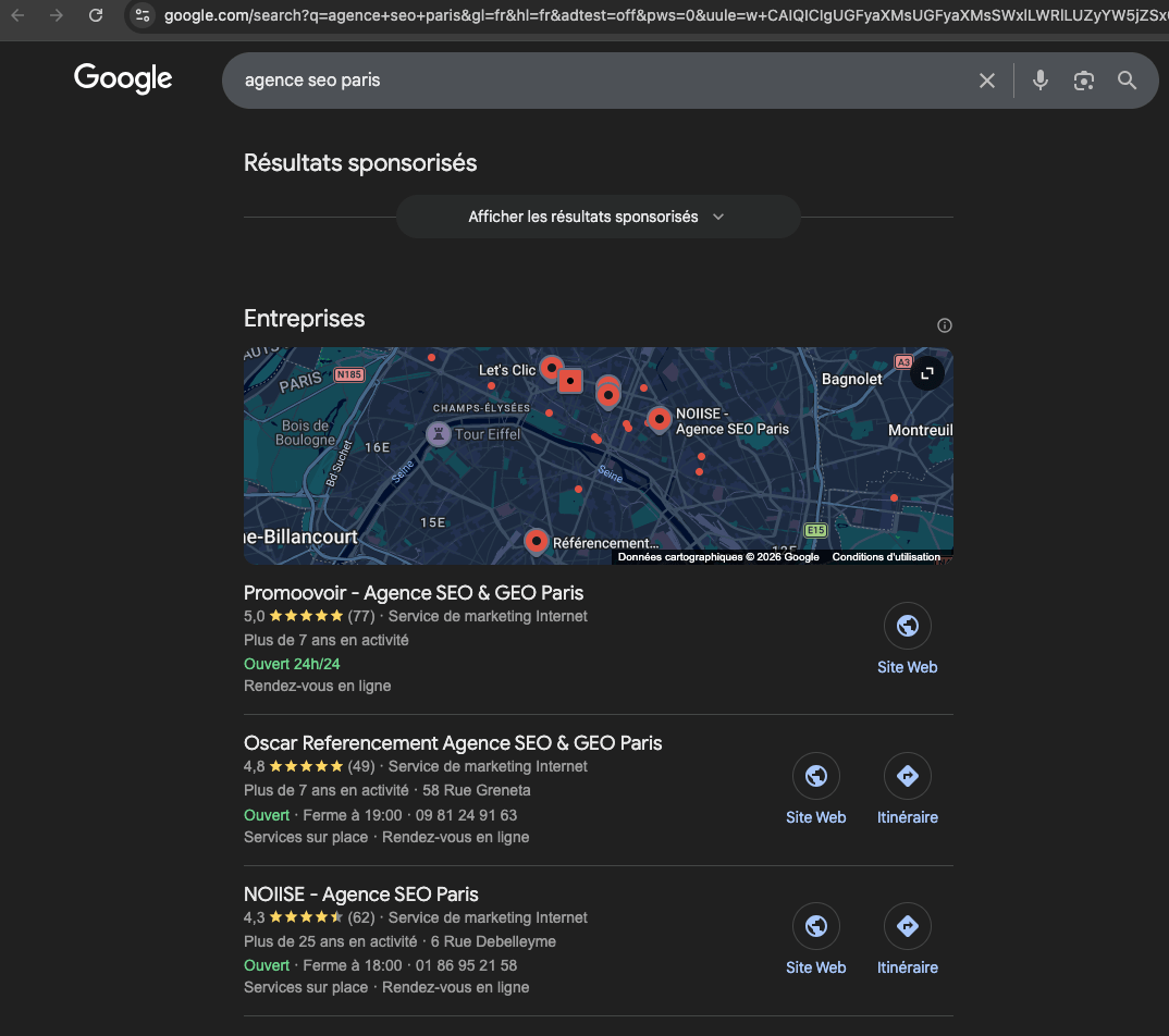 Google screenshot showing Promoovoir at #1 for agence seo paris