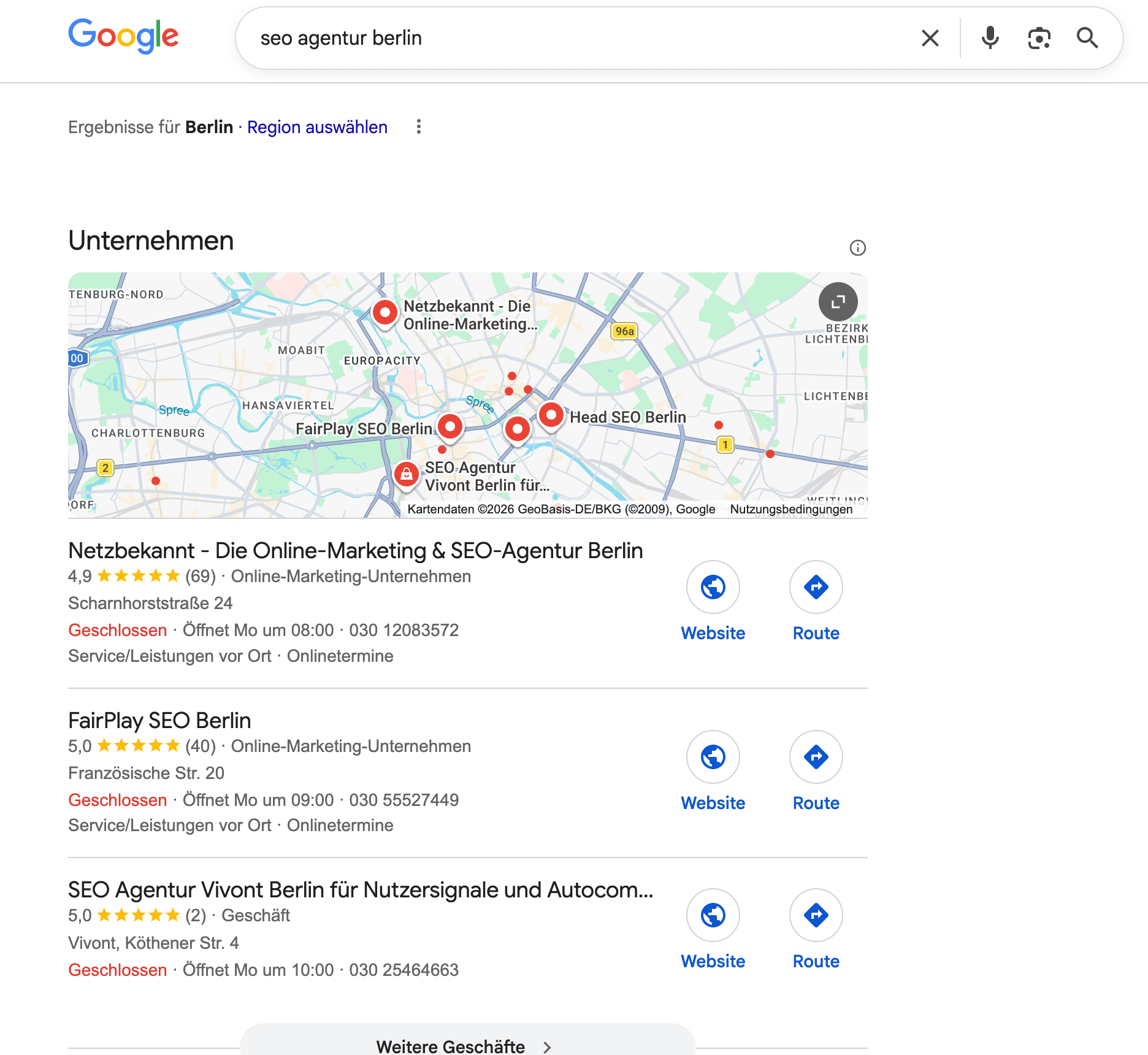 Google screenshot showing Netzbekannt at #1 for seo agentur berlin