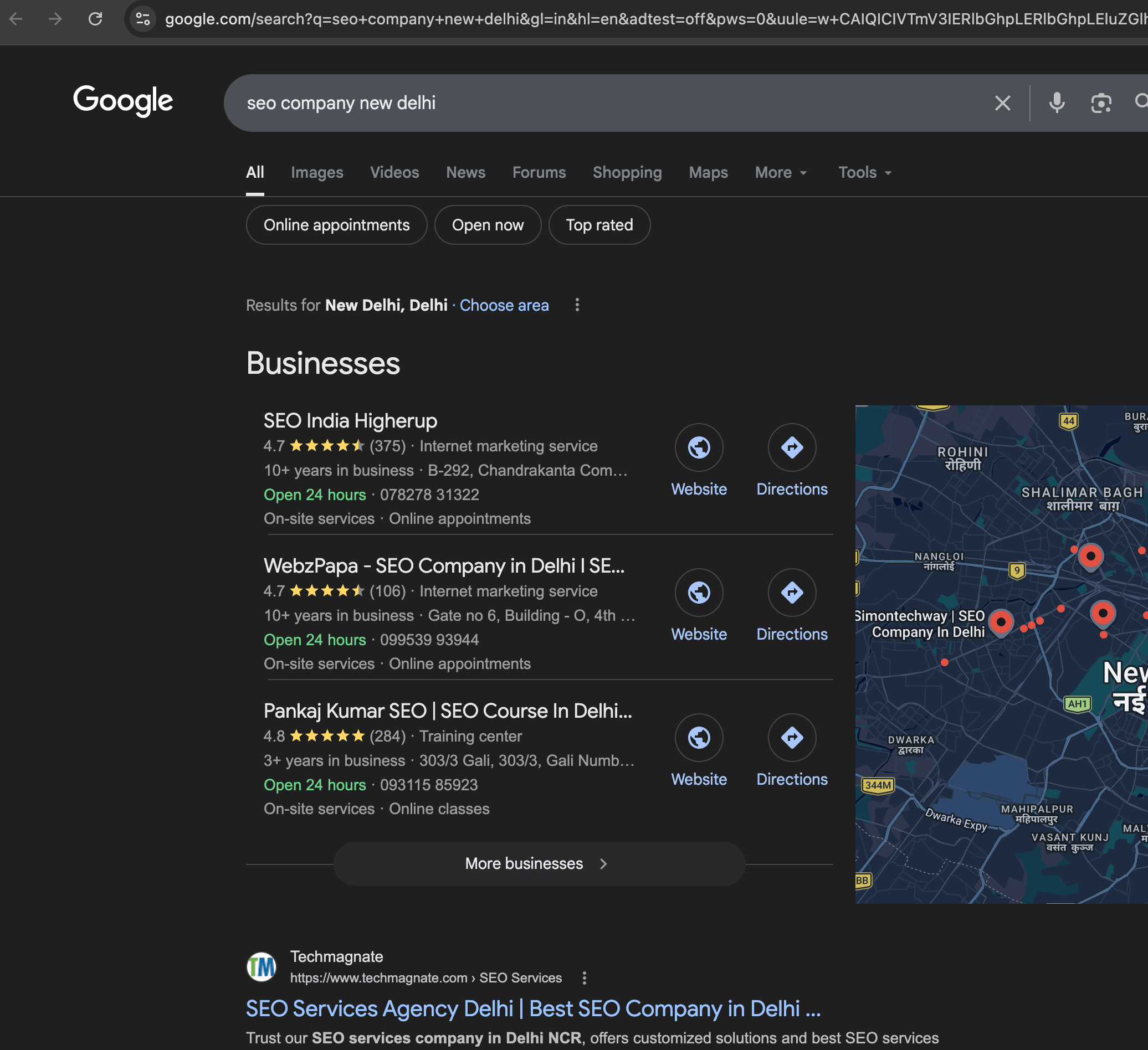 Google screenshot showing Higherup at #1 for seo company new delhi