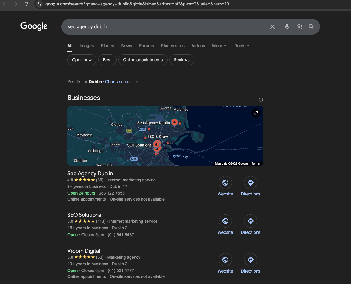 Google screenshot showing Seoagencydublin.ie at #1 for seo agency dublin
