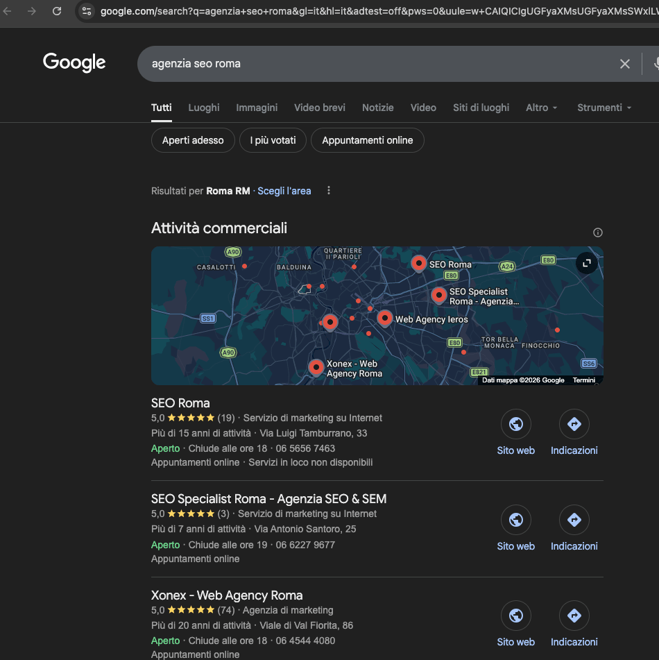 Google screenshot showing SEO Roma at #1 for agenzia seo roma