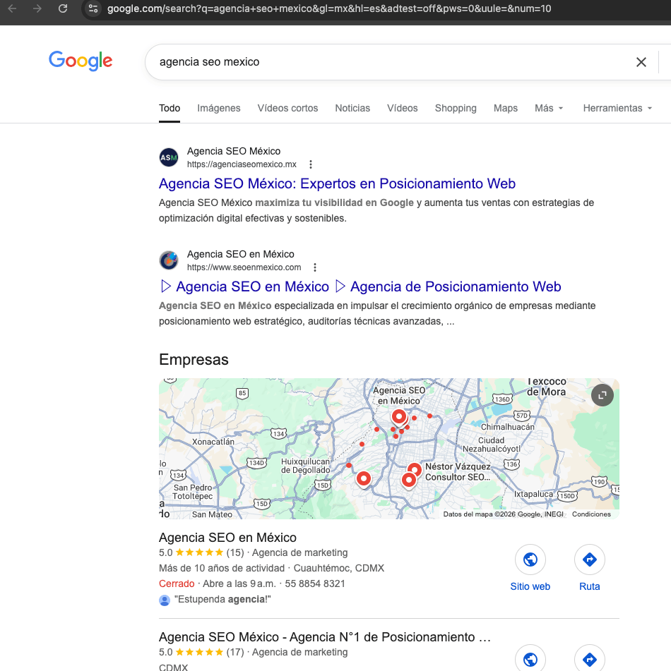 Google screenshot showing Agenciaseomexico.mx at #1 for agencia seo mexico