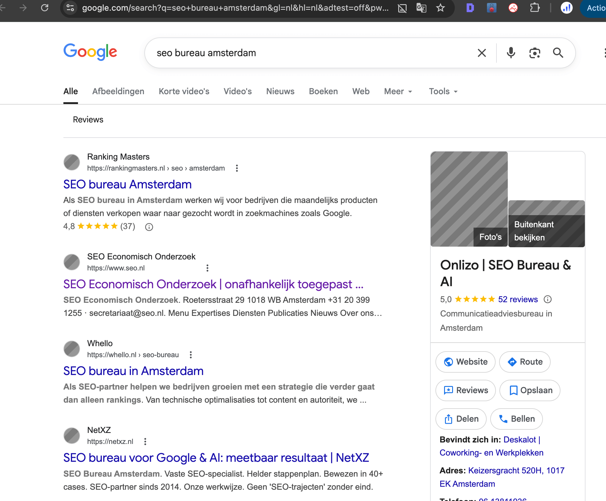 Google screenshot showing Ranking Masters at #1 for seo bureau amsterdam