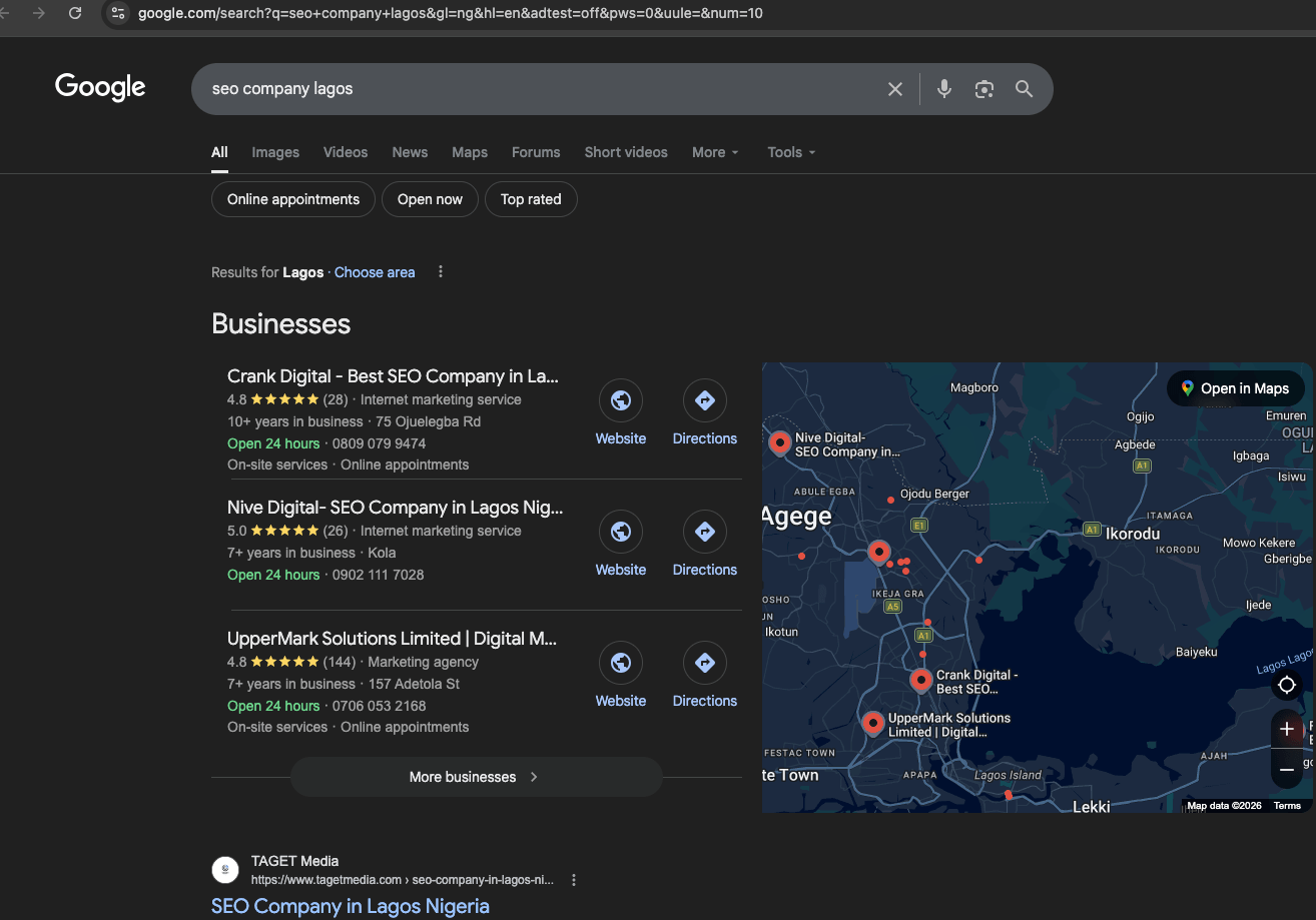 Google screenshot showing Crank Digital at #1 for seo company lagos