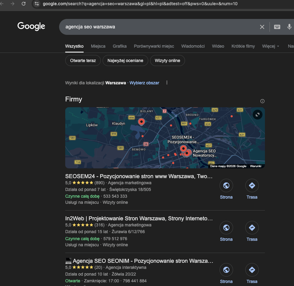 Google screenshot showing SEOSEM24 at #1 for agencja seo warszawa