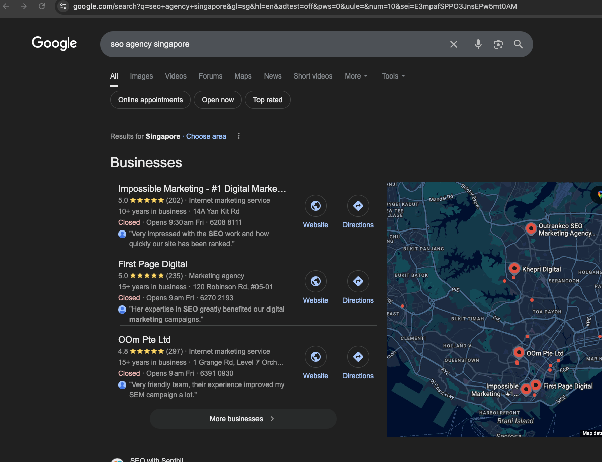 Google screenshot showing Impossible Marketing at #1 for seo agency singapore