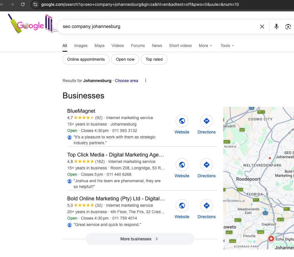 Google screenshot showing BlueMagnet at #1 for seo company johannesburg