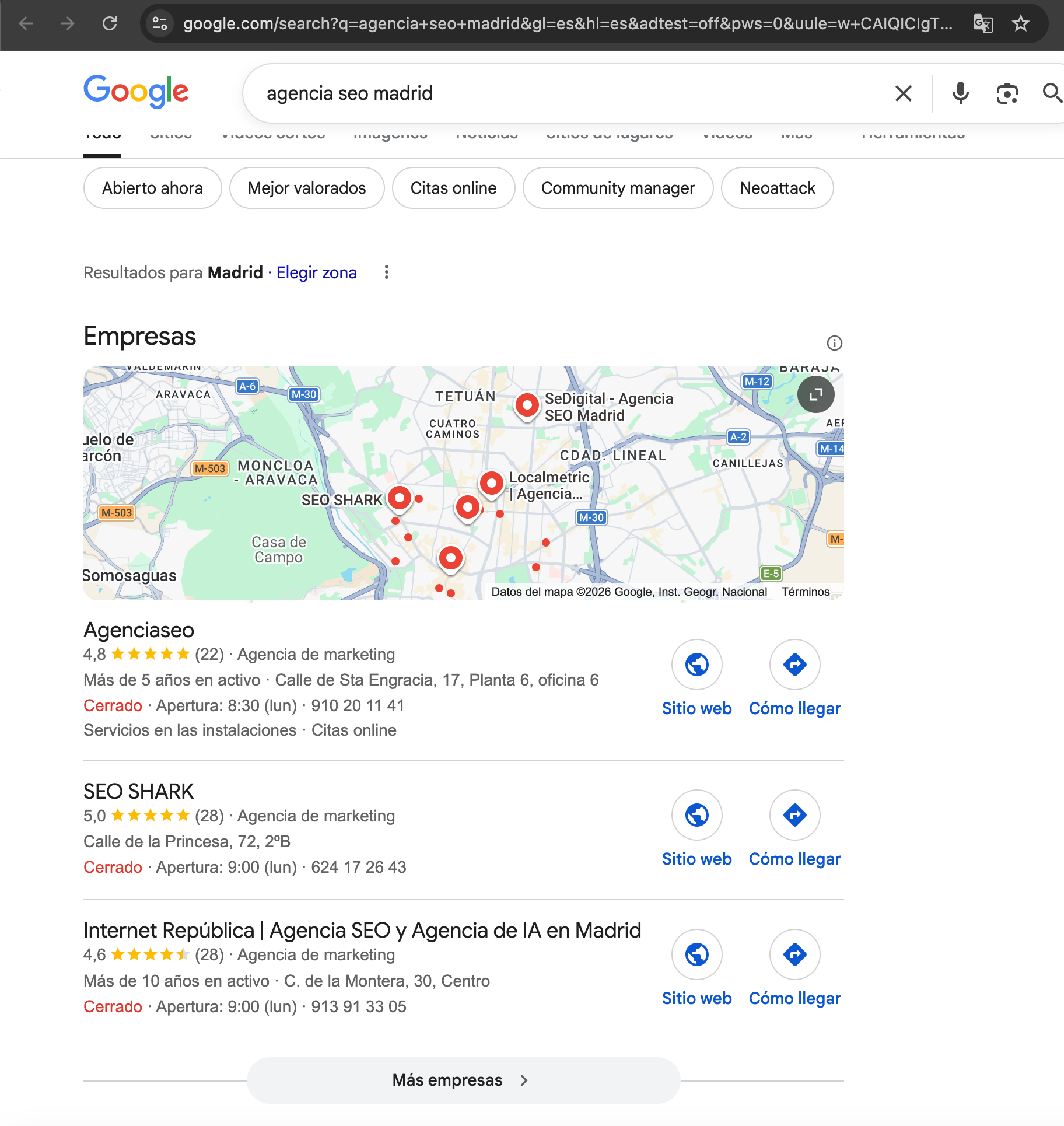Google screenshot showing Agenciaseo.eu at #1 for agencia seo madrid