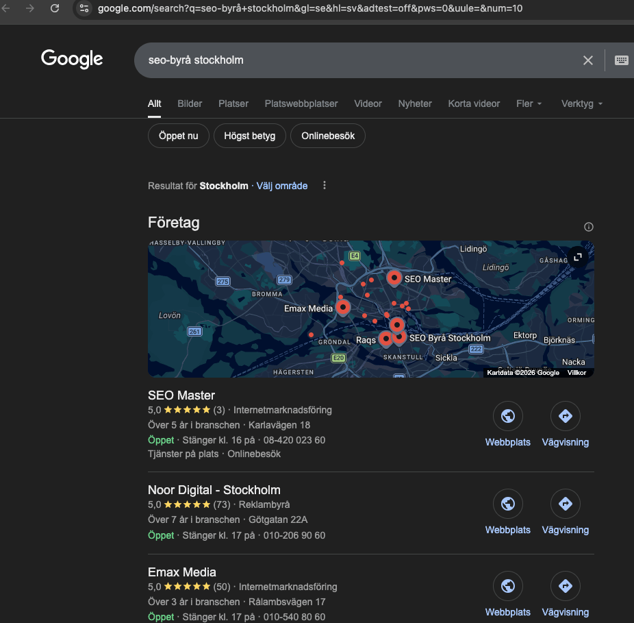 Google screenshot showing SEO Master at #1 for seo-byrå stockholm