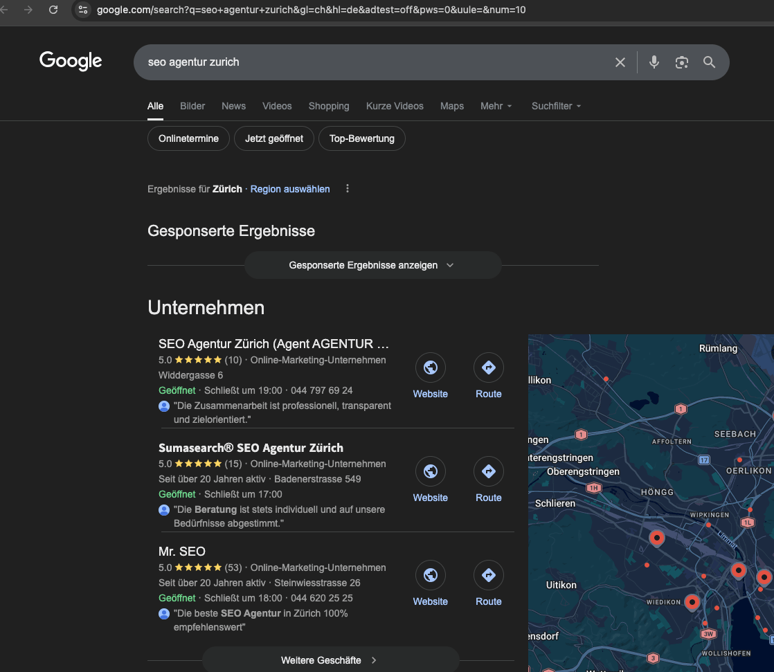 Google screenshot showing Agent Agentur GMBH at #1 for seo agentur zurich