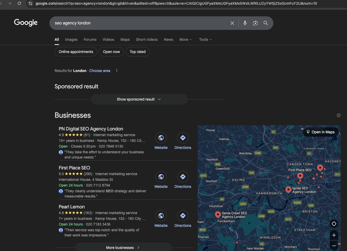 Google screenshot showing PN Digital at #1 for seo agency london
