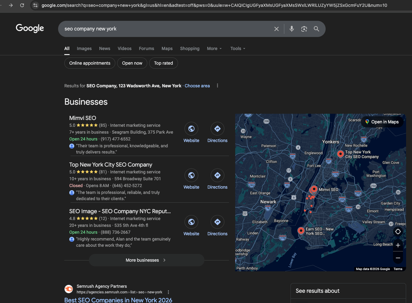 Google screenshot showing Mimvi SEO at #1 for seo company new york